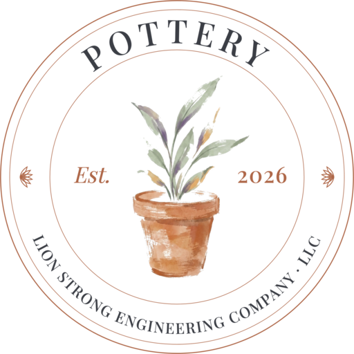 The Pottery seal: a watercolor pot with the words Pottery and Lion Strong Engineering Company LLC